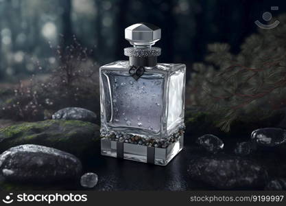 Perfume bottle in a green forest on a mossy substrate. Neural network AI generated art. Perfume bottle in a green forest on a mossy substrate. Neural network generated art