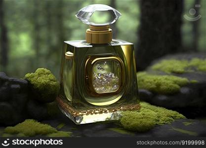 Perfume bottle in a green forest on a mossy substrate. Neural network AI generated art. Perfume bottle in a green forest on a mossy substrate. Neural network generated art