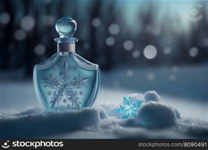 Perfume bottle in the snow, winter, fresh cold fragrance concept. Neural network AI generated art. Perfume bottle in the snow, winter, fresh cold fragrance concept. Neural network generated art