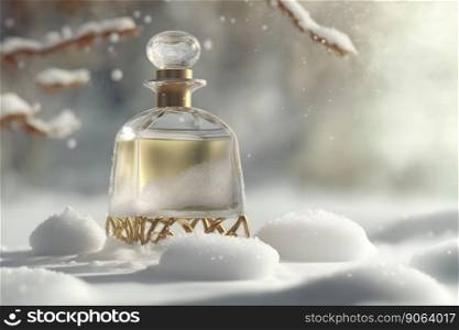 Perfume bottle in the snow, winter, fresh cold fragrance concept. Neural network AI generated art. Perfume bottle in the snow, winter, fresh cold fragrance concept. Neural network generated art