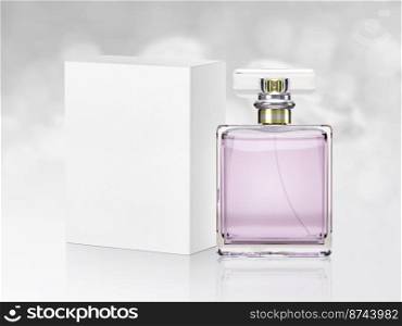 Perfume bottle on white shining bokeh background. 3d render