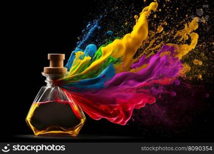 Perfume bottle splash of colored sand paint. Neural network AI generated art. Perfume bottle splash of colored sand paint. Neural network generated art