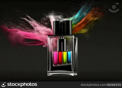 Perfume bottle splash of colored sand paint. Neural network AI generated art. Perfume bottle splash of colored sand paint. Neural network generated art