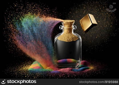 Perfume bottle splash of colored sand paint. Neural network AI generated art. Perfume bottle splash of colored sand paint. Neural network generated art