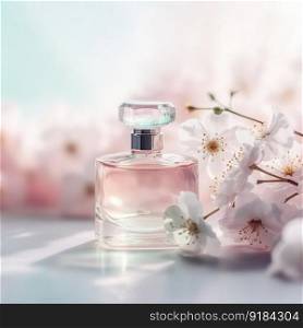 Perfume bottle with delicate cherry blossom and copy space. Generative AI. Perfume bottle with delicate cherry blossom. Generative AI