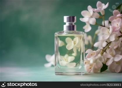 Perfume bottle with delicate jasmine flowers and copy space. Generative AI. Perfume bottle with delicate jasmine flowers. Generative AI