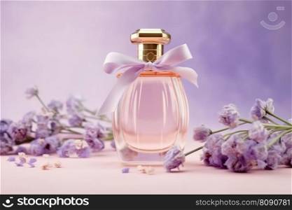 Perfume bottle with delicate lavender blossom and copy space. Generative AI. Perfume bottle with delicate lavender blossom. Generative AI