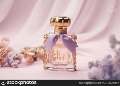 Perfume bottle with delicate lavender blossom and copy space. Generative AI. Perfume bottle with delicate lavender blossom. Generative AI