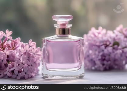 Perfume bottle with delicate lilac blossom and copy space. Generative AI. Perfume bottle with delicate lilac blossom. Generative AI