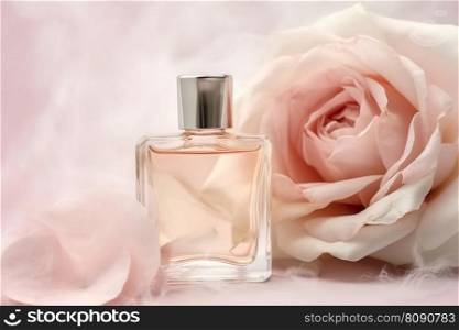 Perfume bottle with delicate pastel pink rose and copy space. Generative AI. Perfume bottle with pastel pink rose. Generative AI