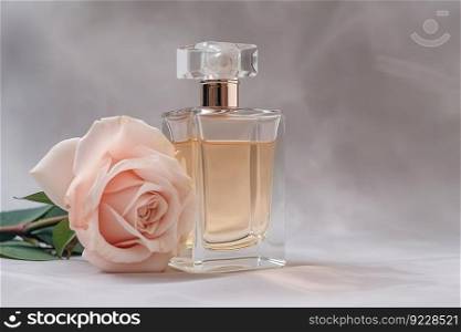 Perfume bottle with delicate pastel pink rose and copy space. Generative AI. Perfume bottle with pastel pink rose. Generative AI