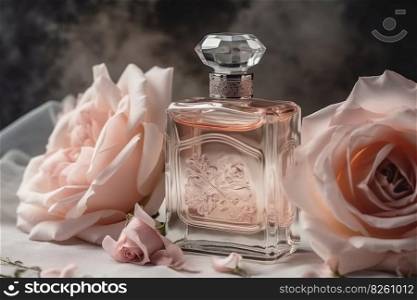 Perfume bottle with delicate pastel pink roses. Generative AI. Perfume bottle with pastel pink roses. Generative AI