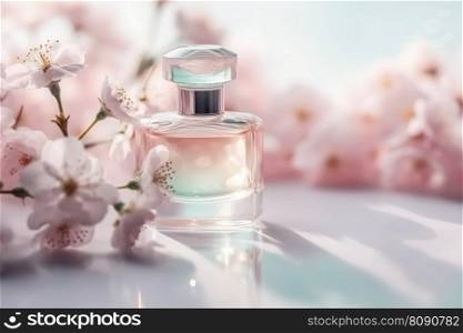 Perfume bottle with delicate pink cherry blossom and copy space. Generative AI. Perfume bottle with fresh pink cherry blossom. Generative AI