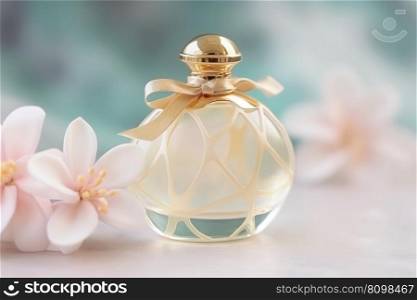 Perfume bottle with delicate plumeria flowers and copy space. Generative AI. Perfume bottle with delicate plumeria flowers. Generative AI