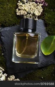  perfume bottles around green moss  . close up. perfumery concept