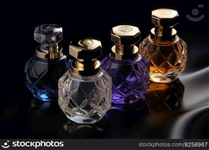 Perfume bottles in a top view created with generative AI technology