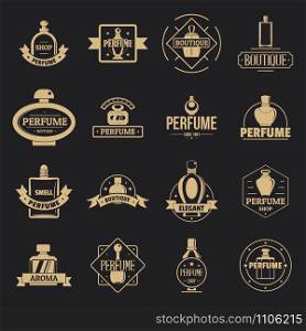 Perfume bottles logo icons set. Simple illustration of 16 perfume bottles logo vector icons for web. Perfume bottles logo icons set, simple style