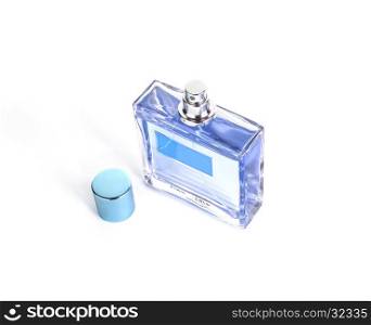 Perfume in beautiful blue color bottle isolated on white background