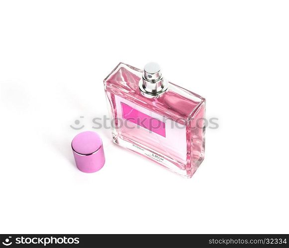 Perfume in beautiful rose color bottle isolated on white background