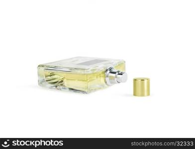 Perfume in beautiful yelow color bottle isolated on white background
