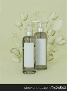 Perfume pump cream bottle placed on gray background with flowers, 3D style.