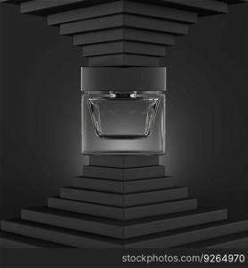 Perfume vector print. Black bottle haute couture, beauty stylish illustration. Aroma liquid. Cosmetic fragrance