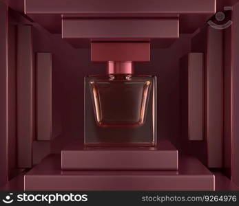 Perfume vector print. Red bottle haute couture, beauty stylish illustration. Aroma liquid. Cosmetic fragrance