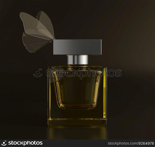 Perfume vector print. Yellow bottle haute couture, beauty stylish illustration. Aroma liquid. Cosmetic fragrance