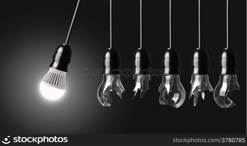 Perpetual motion with broken light bulbs and LED bulb