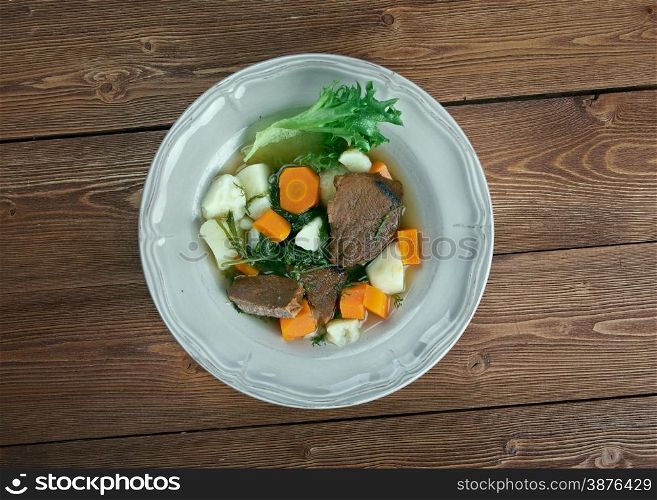 Perpetual stew - various ingredients can be used in perpetual stew, such as root vegetables - onion, carrot, potato, garlic, parsnip, turnip and various meats