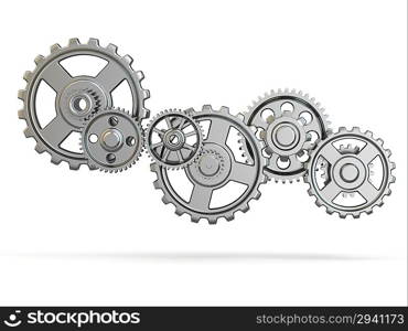 Perpetuum mobile. Iron gears on white isolated background. 3d