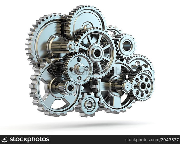 Perpetuum mobile. Iron gears on white isolated background. 3d