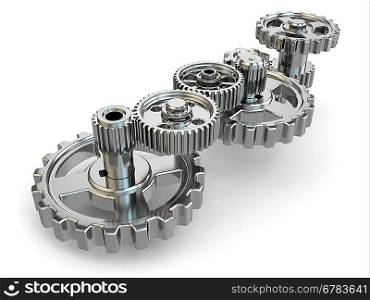 Perpetuum mobile. Iron gears on white isolated background. 3d