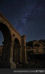 Perseid meteor shower in Ariassos Antalya Turkey at night. Ariassos and perseid