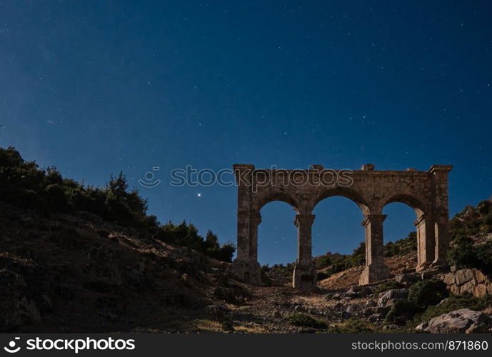 Perseid meteor shower in Ariassos Antalya Turkey at night. Ariassos and perseid