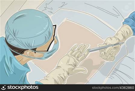 Person&acute;s hand passing a scalpel to a male surgeon