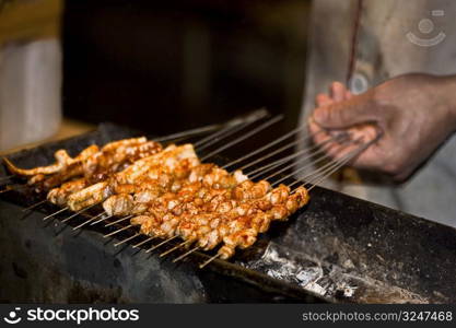 Person&acute;s hand roasting seafood, Nanjing, Jiangsu Province, China