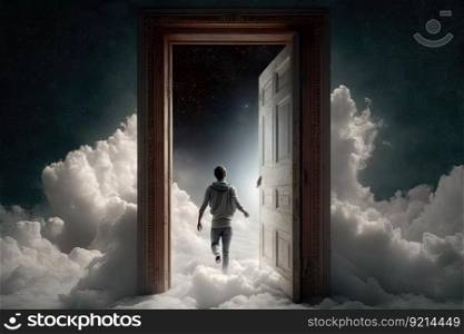 person, closing the door to heaven and going back to earth, after receiving a heavenly blessing, created with generative ai. person, closing the door to heaven and going back to earth, after receiving a heavenly blessing