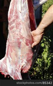 person cuts meat of a goat. butcher is carving the goat carcass for meat