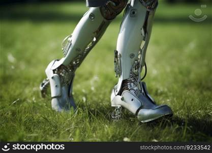 Person cyborg walking on grass. Machine tech. Generate AI. Person cyborg walking on grass. Generate AI