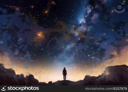 person, exploring the cosmic zoo, with distant galaxies and nebulae visible in the background, created with generative ai. person, exploring the cosmic zoo, with distant galaxies and nebulae visible in the background