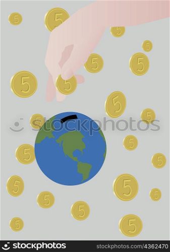 Person hand dropping gold coins into a piggy bank
