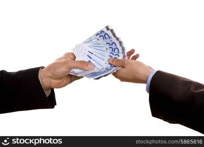 person handing money to another person detail