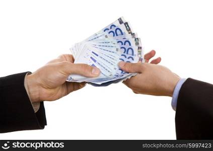 person handing money to another person detail