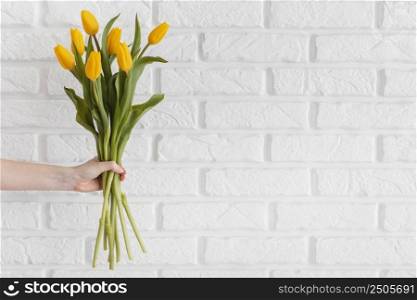 person holding bouquet tulips with copy space