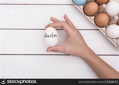person holding egg with easter inscription