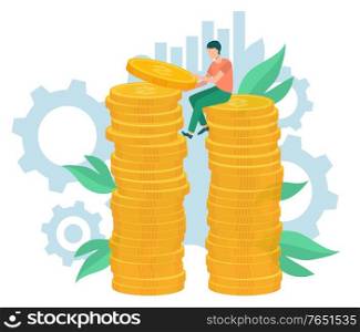 Person holding money, saving currency, worker and income. Man with coins decorated by graph, leaves and setting symbols, employee and currency vector. Employee Holding Coins, Dollars Currency Vector