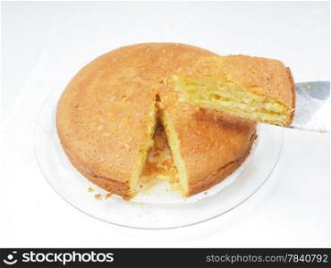Person holding up a slice of fresh baked cake on a cake spade towards white