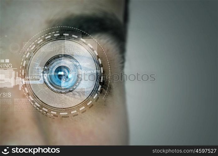 Person identification. Close up of man eye in process of scanning