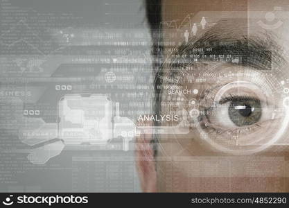 Person identification. Close up of man eye in process of scanning